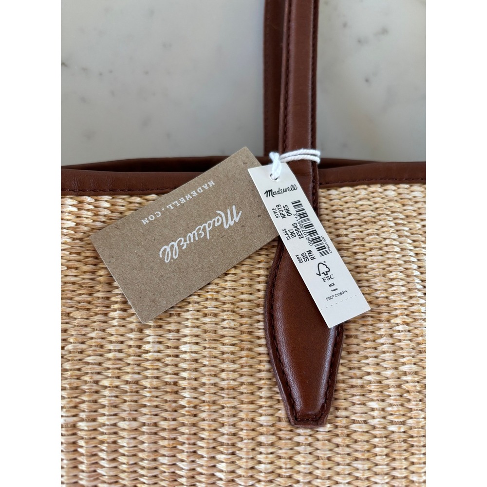 Madewell Woven Straw Transport Tote Leather Trim Brown Tan NF319 NWT - Picture 3 of 11